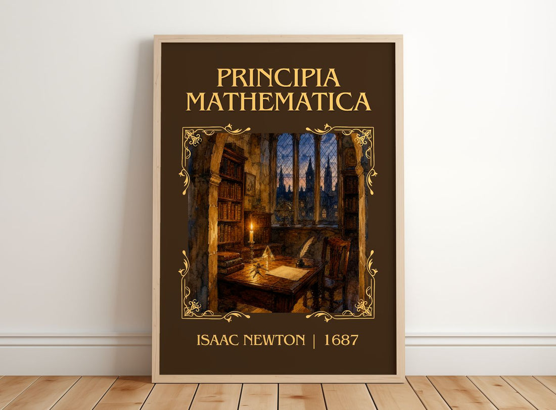 Principia Mathematica Classic Book Art Print by Isaac Newton – framed print leaning on a wooden floor