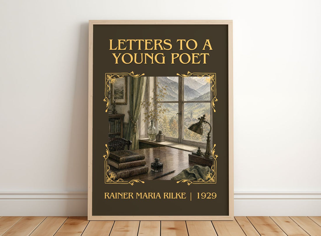 Letters to a Young Poet Classic Book Art Print by Rainer Maria Rilke – framed print leaning on a wooden floor