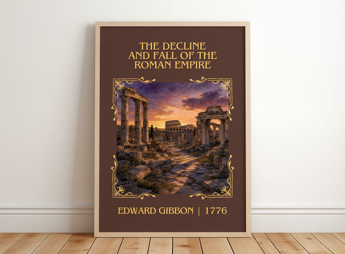 The Decline and Fall of the Roman Empire Classic Book Art Print by Edward Gibbon – framed print leaning on a wooden floor