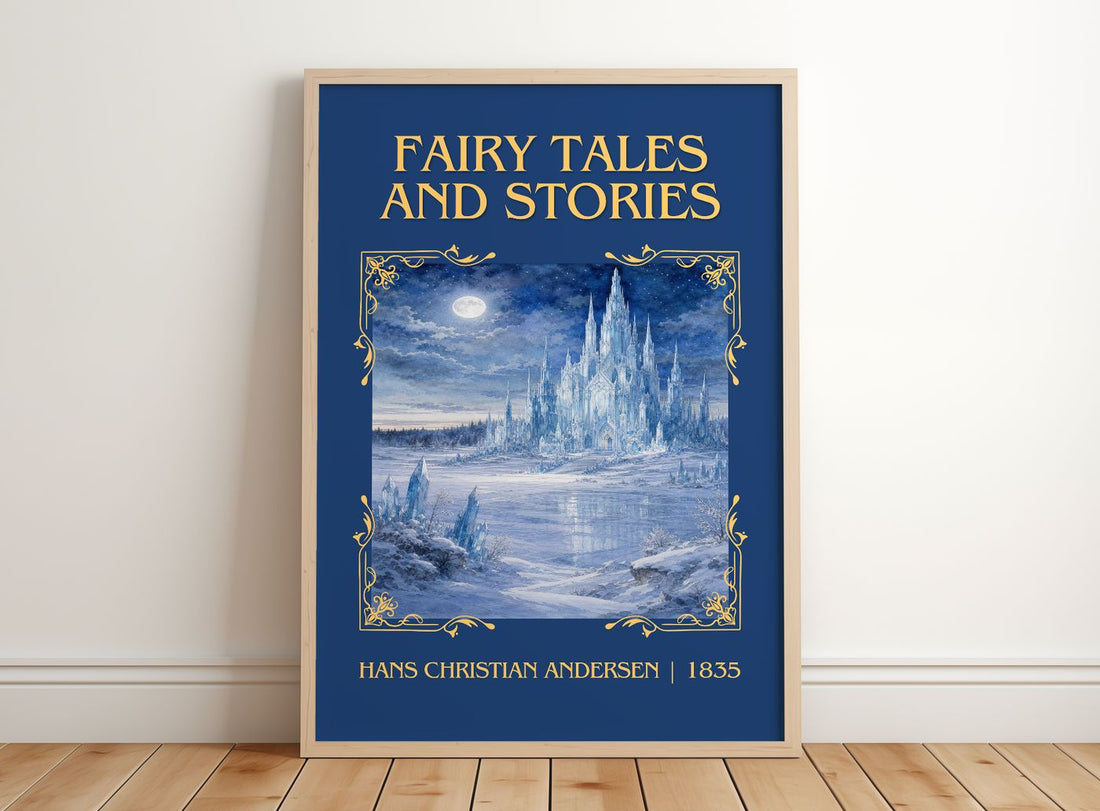 Fairy Tales and Stories Classic Book Art Print by H. Andersen – framed print leaning on a wooden floor