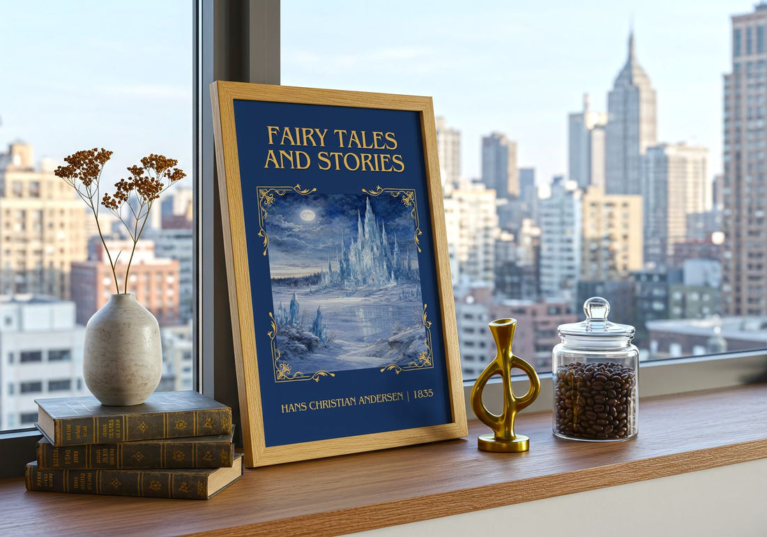 Fairy Tales and Stories Classic Book Art Print by H. Andersen – framed print on a city-view windowsill