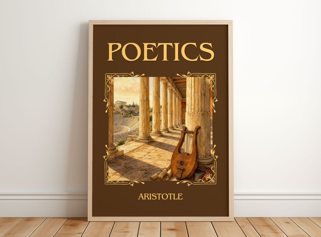 Poetics Classic Book Art Print by Aristotle – framed print leaning on a wooden floor
