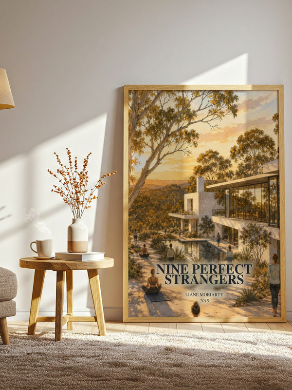 Nine Perfect Strangers watercolour print in frame leaning in hallway – contemporary fiction wall art