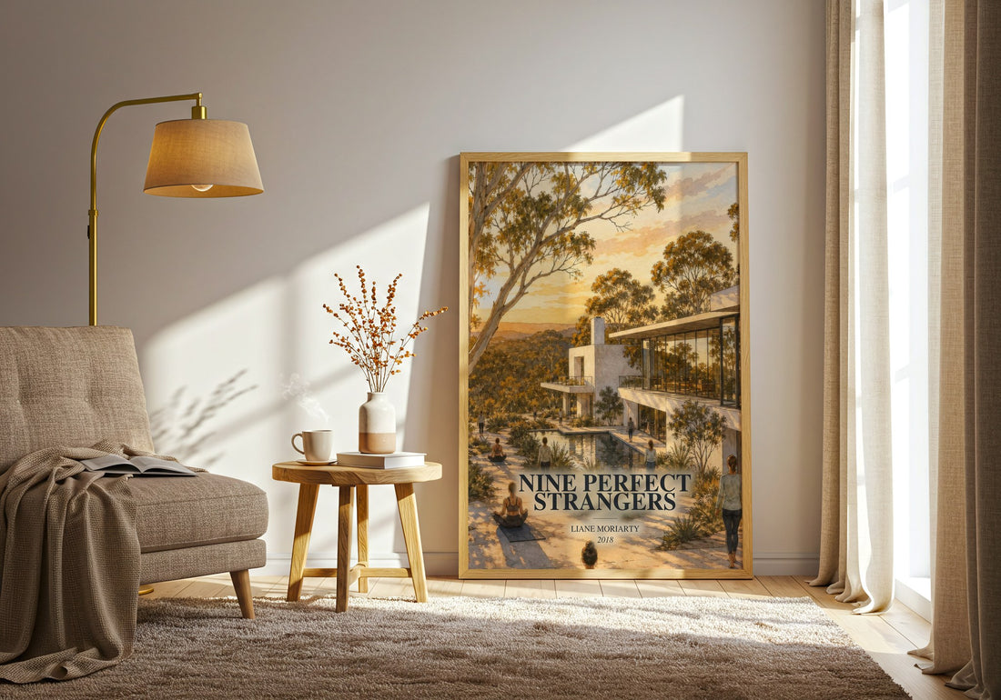 Nine Perfect Strangers watercolour print in frame leaning in hallway – contemporary fiction wall art (mockup)