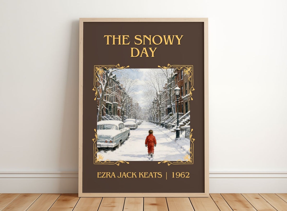 The Snowy Day Classic Book Art Print by Ezra Jack Keats – framed print leaning on a wooden floor