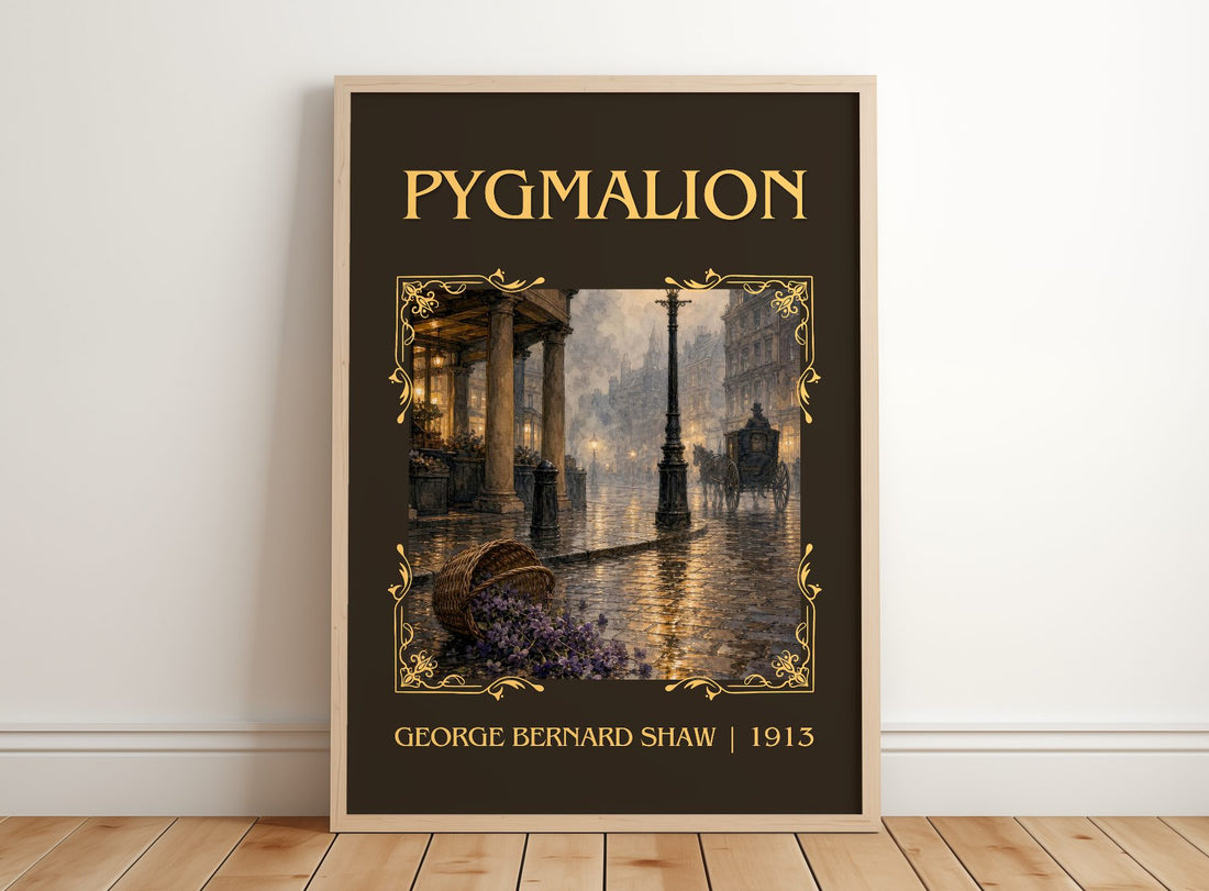 Pygmalion Classic Book Art Print by George Bernard Shaw – framed print leaning on a wooden floor