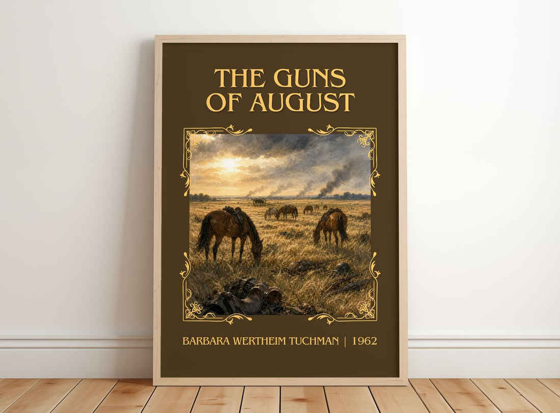 The Guns of August Classic Book Art Print by Barbara Wertheim Tuchman – framed print leaning on a wooden floor