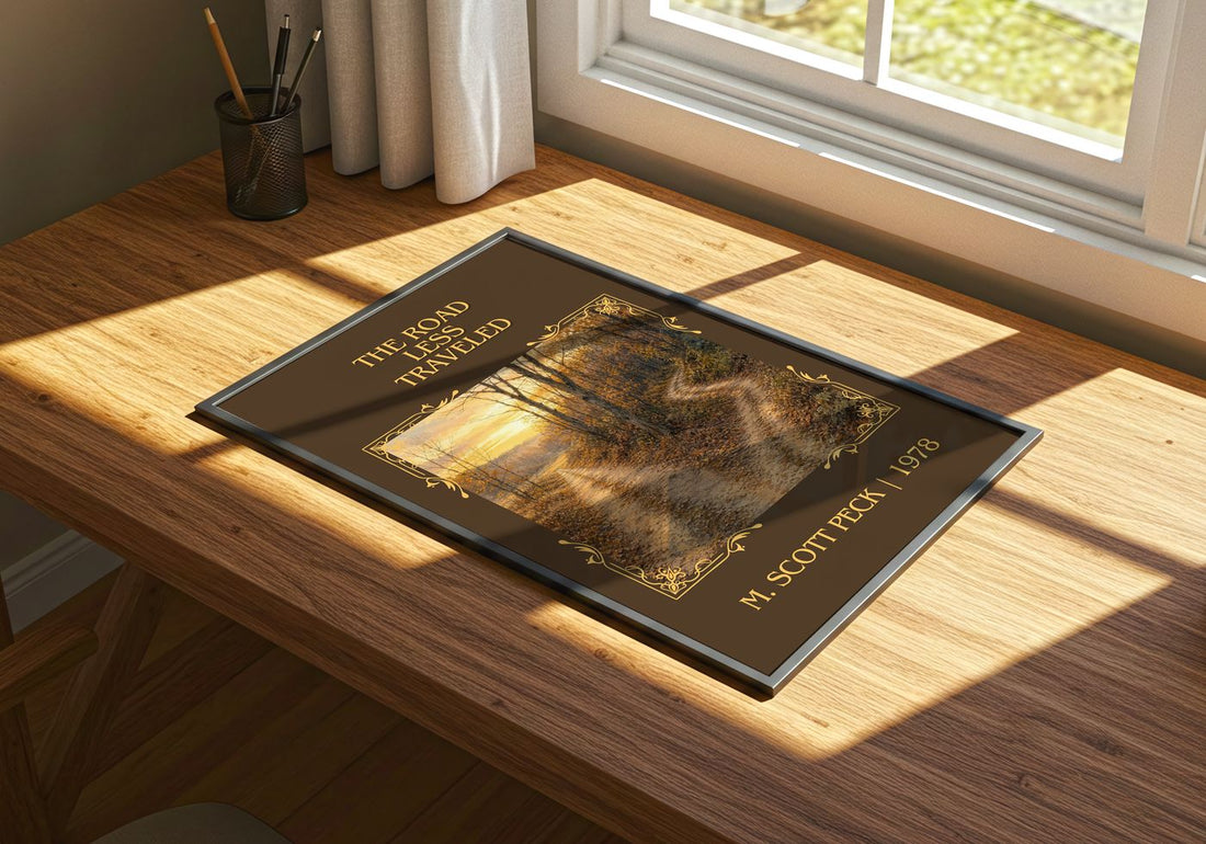 The Road Less Traveled Classic Book Art Print by M. Scott Peck – print on a sunlit desk