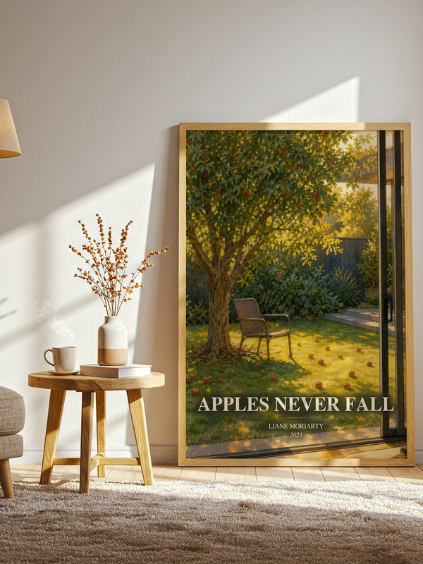 Apples Never Fall watercolour print in frame leaning in hallway – contemporary fiction wall art