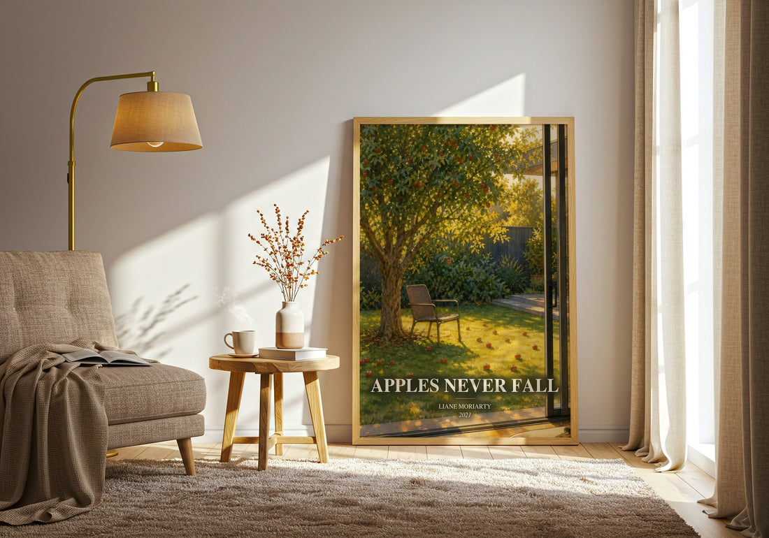 Apples Never Fall watercolour print in frame leaning in hallway – contemporary fiction wall art (mockup)