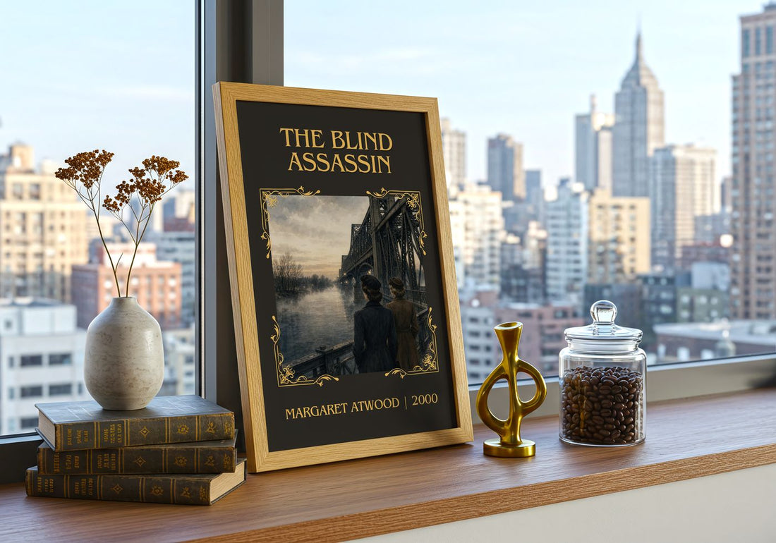 The Blind Assassin Classic Book Art Print by Margaret Atwood – framed print on a city-view windowsill
