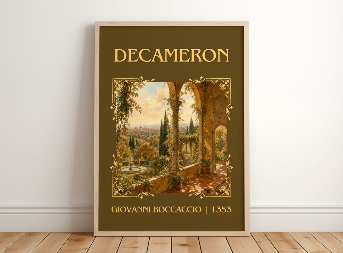 Decameron Classic Book Art Print by Giovanni Boccaccio – framed print leaning on a wooden floor