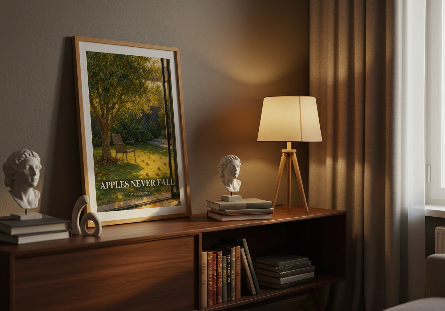 Apples Never Fall watercolour print on bookshelf – Liane Moriarty fan gift