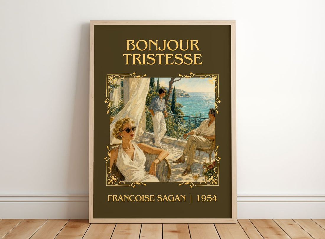Bonjour Tristesse Classic Book Art Print by Francoise Sagan – framed print leaning on a wooden floor