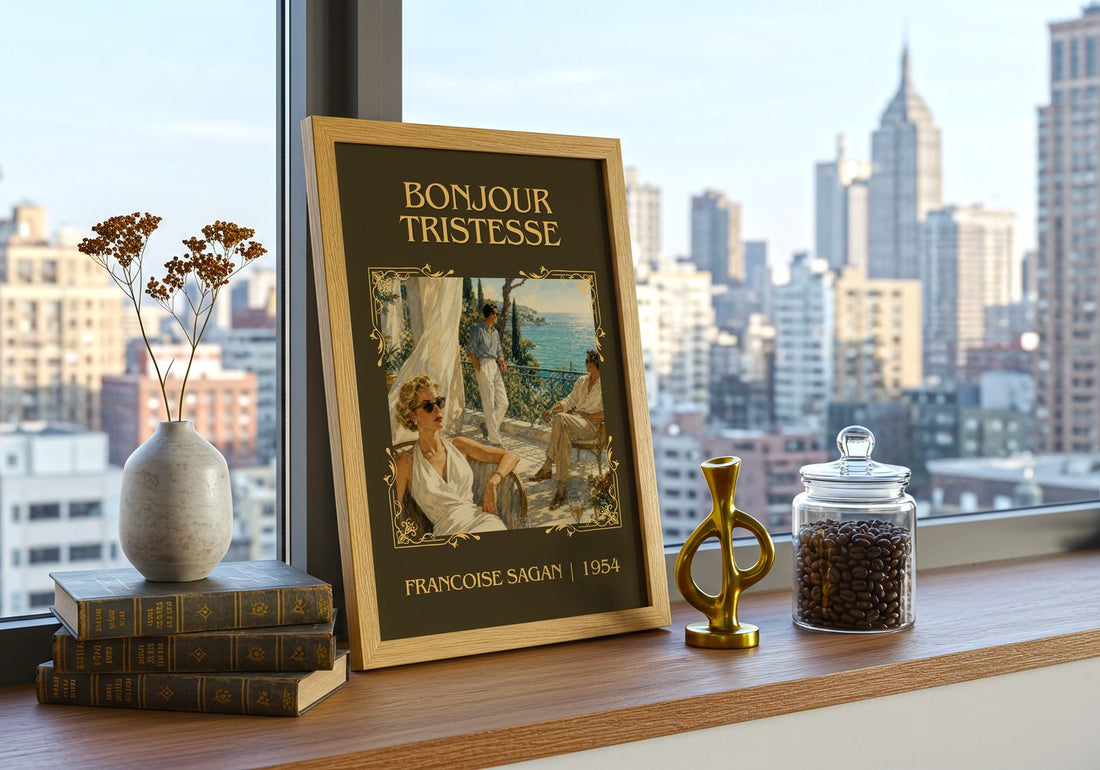 Bonjour Tristesse Classic Book Art Print by Francoise Sagan – framed print on a city-view windowsill