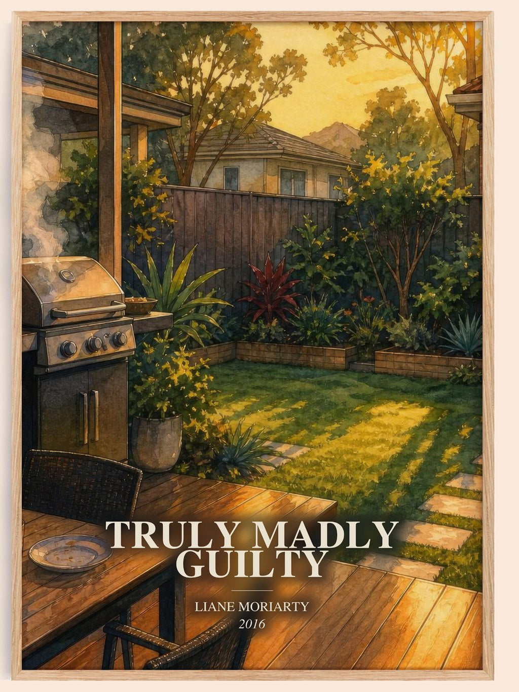 Truly Madly Guilty watercolour book poster by Liane Moriarty – framed literary art print