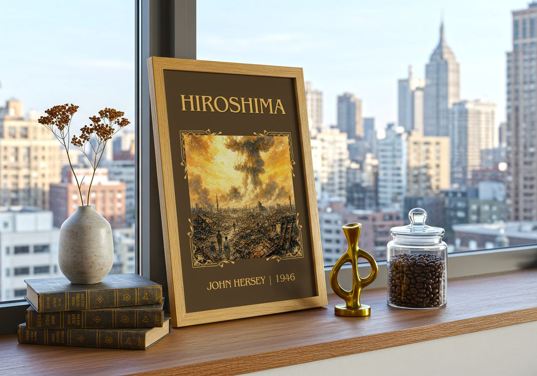 Hiroshima Classic Book Art Print by John Hersey – framed print on a city-view windowsill