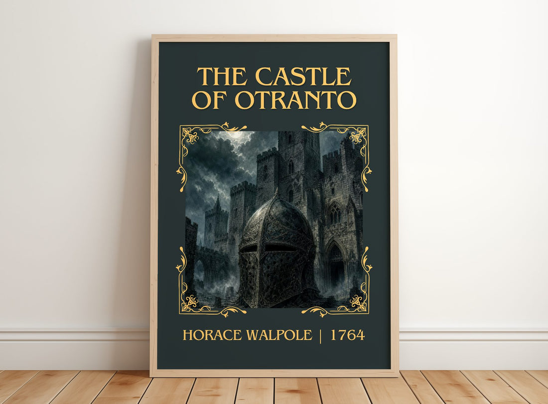 The Castle of Otranto Classic Book Art Print by Horace Walpole – framed print leaning on a wooden floor