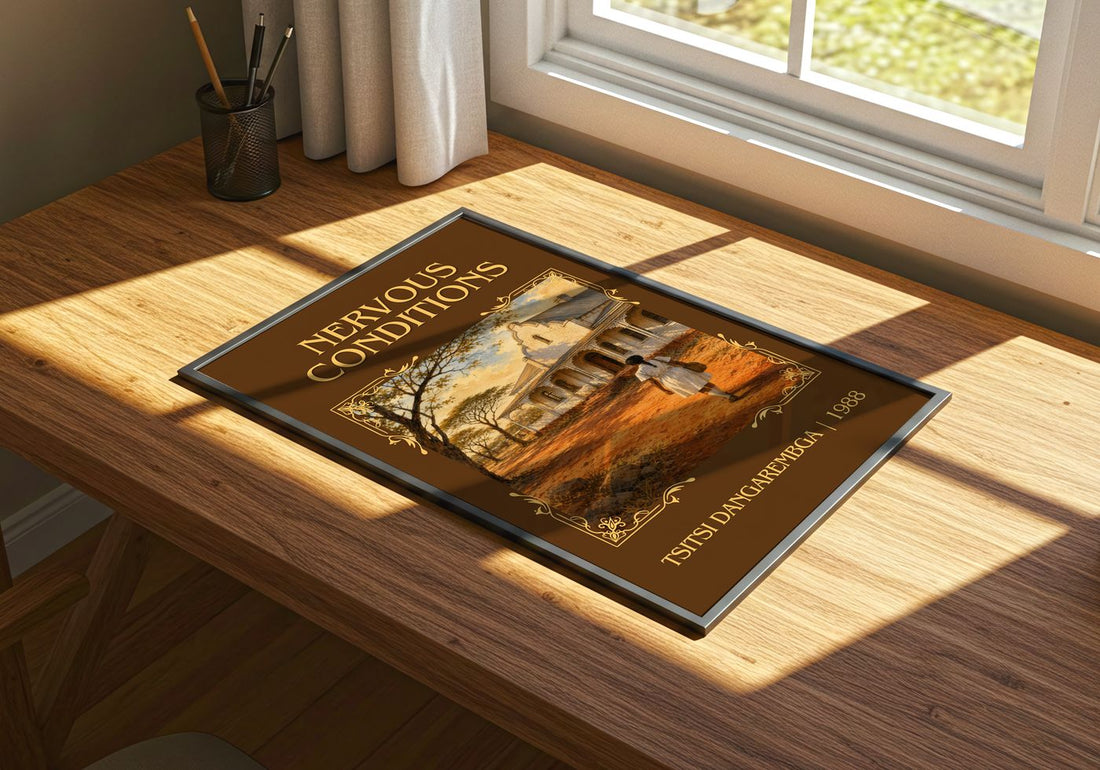 Nervous Conditions Classic Book Art Print by Tsitsi Dangarembga – print on a sunlit desk