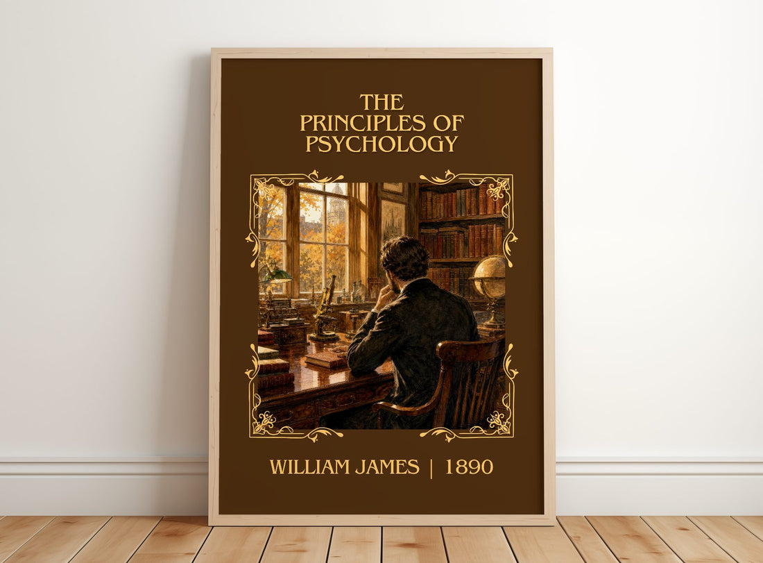 The Principles of Psychology Classic Book Art Print by William James – framed print leaning on a wooden floor
