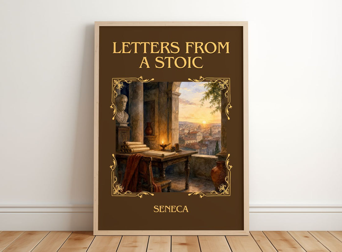 Letters from a Stoic Classic Book Art Print by Seneca – framed print leaning on a wooden floor