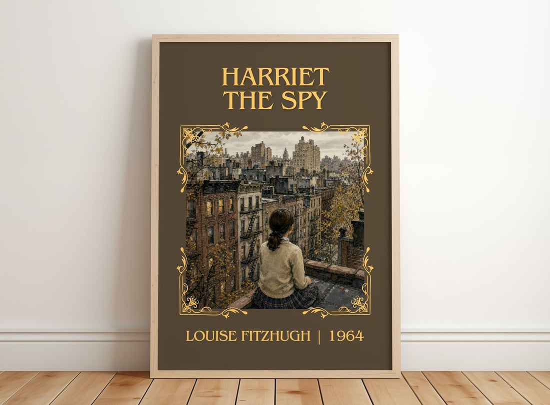 Harriet the Spy Classic Book Art Print by Louise Fitzhugh – framed print leaning on a wooden floor