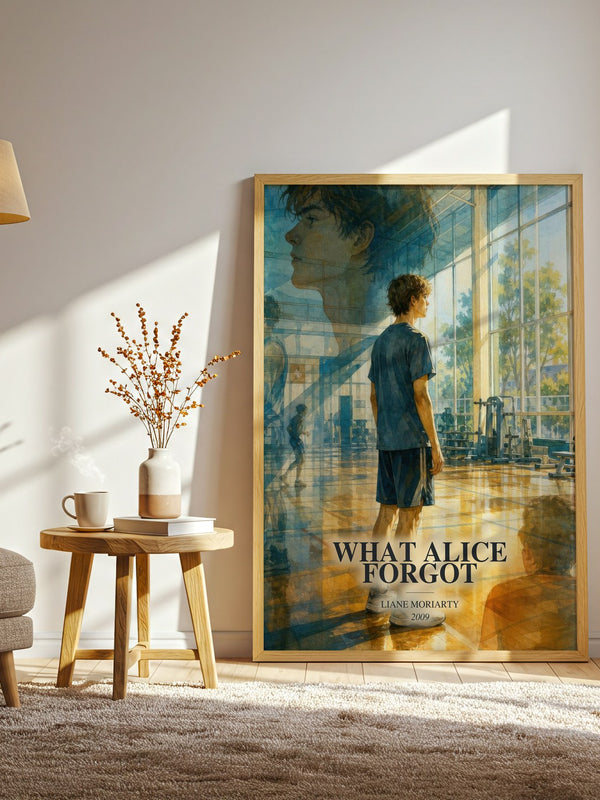 What Alice Forgot watercolour print in frame leaning in hallway – contemporary fiction wall art