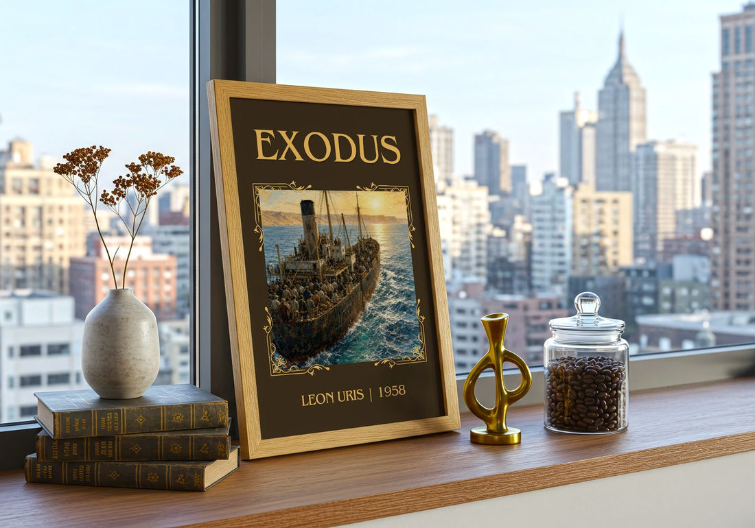 Exodus Classic Book Art Print by Leon Uris – framed print on a city-view windowsill