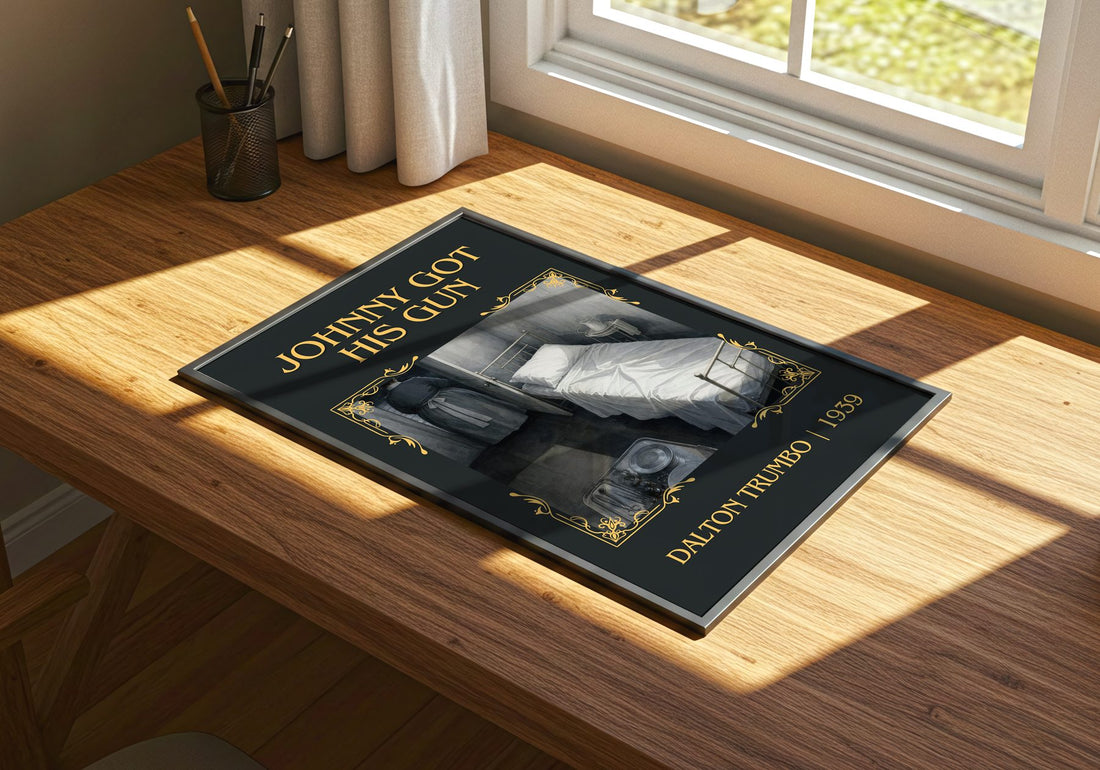 Johnny Got His Gun Classic Book Art Print by Dalton Trumbo – print on a sunlit desk