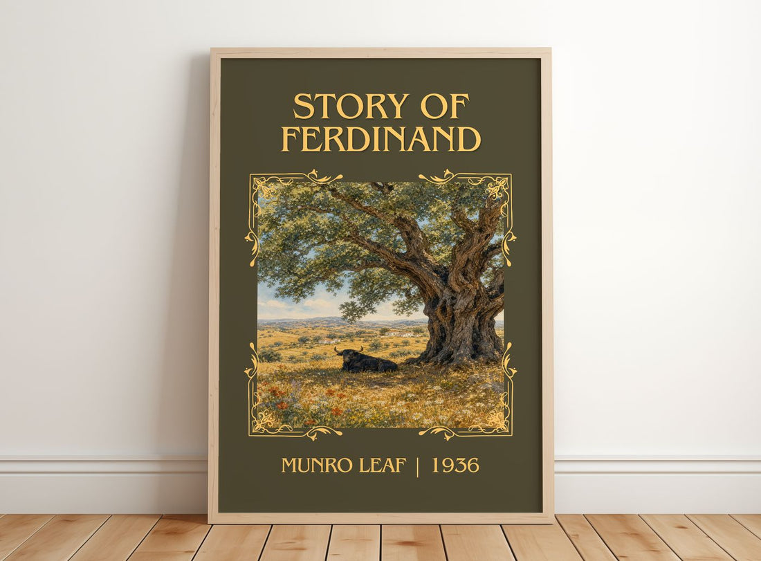 Story of Ferdinand Classic Book Art Print by Munro Leaf – framed print leaning on a wooden floor