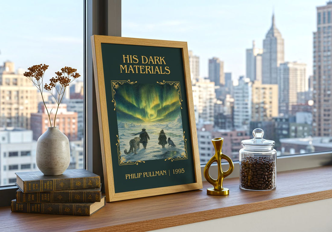 His Dark Materials Classic Book Art Print by Philip Pullman – framed print on a city-view windowsill