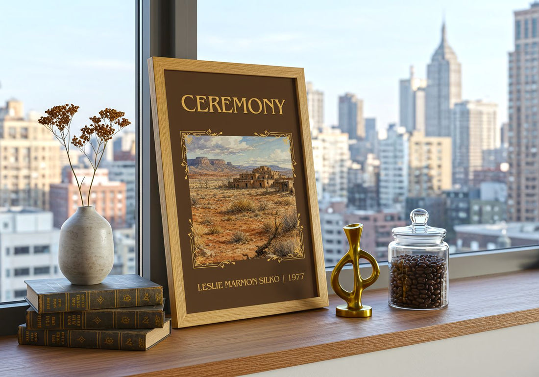 Ceremony Classic Book Art Print by Leslie Marmon Silko – framed print on a city-view windowsill