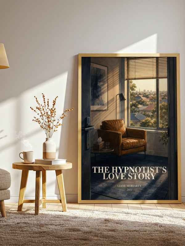 The Hypnotist'S Love Story watercolour print in frame leaning in hallway – contemporary fiction wall art