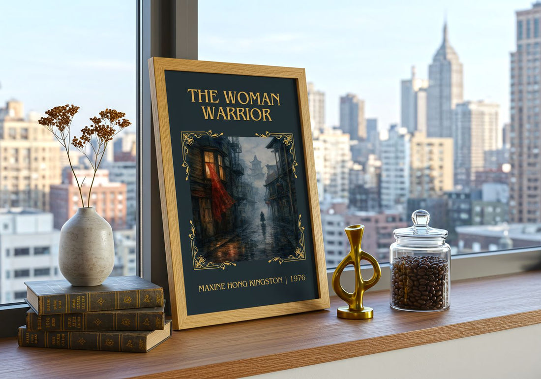 The Woman Warrior Classic Book Art Print by Maxine Hong Kingston – framed print on a city-view windowsill