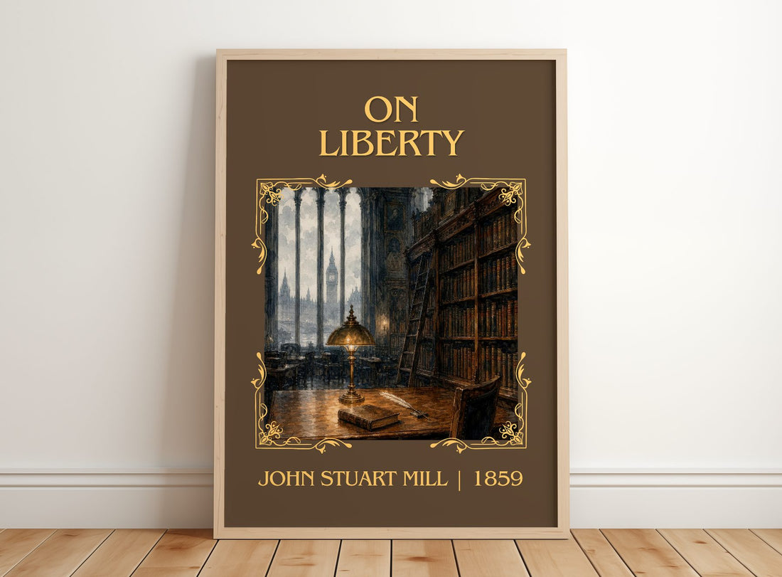 On Liberty Classic Book Art Print by John Stuart Mill – framed print leaning on a wooden floor
