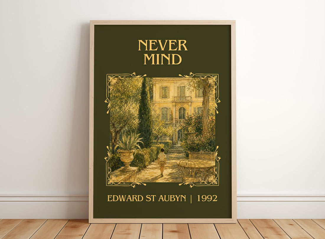 Never Mind Classic Book Art Print by Edward St Aubyn – framed print leaning on a wooden floor