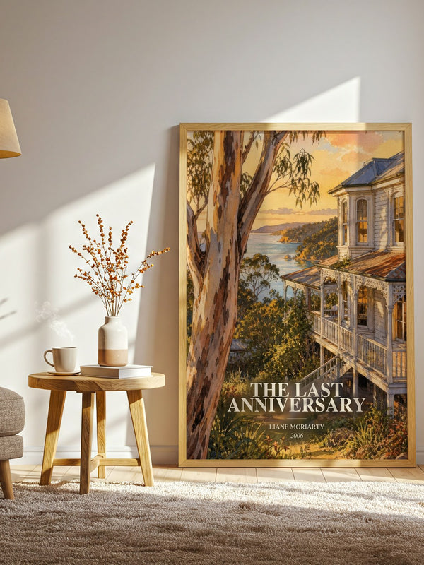 The Last Anniversary watercolour print in frame leaning in hallway – contemporary fiction wall art