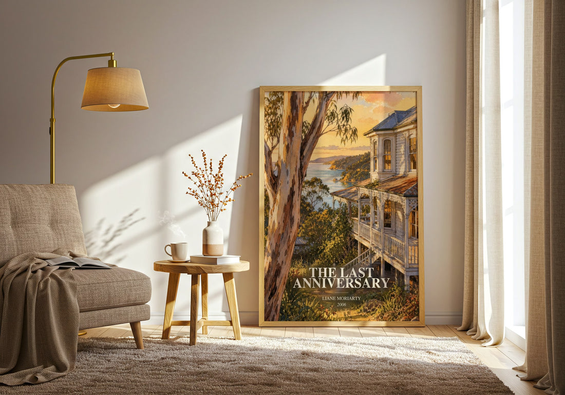 The Last Anniversary watercolour print in frame leaning in hallway – contemporary fiction wall art (mockup)