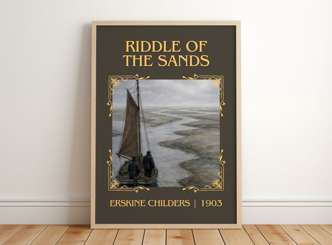 Riddle of the Sands Classic Book Art Print by Erskine Childers – framed print leaning on a wooden floor