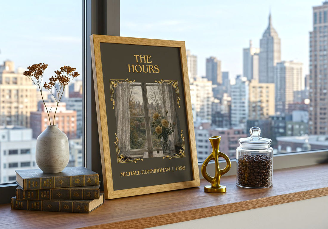 The Hours Classic Book Art Print by Michael Cunningham – framed print on a city-view windowsill