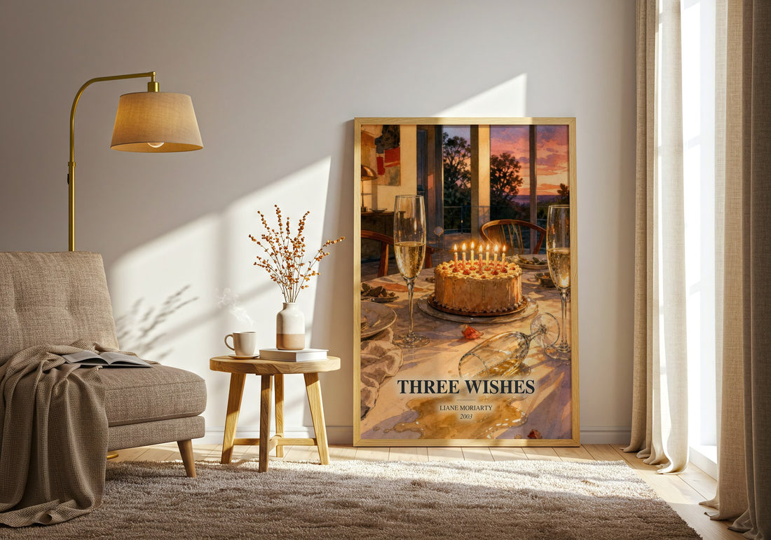 Three Wishes watercolour print in frame leaning in hallway – contemporary fiction wall art (mockup)