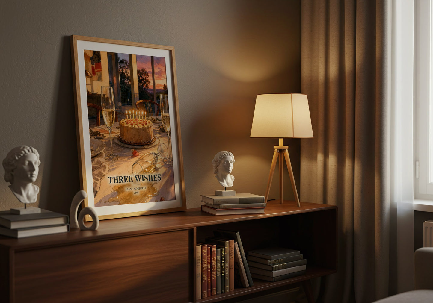 Three Wishes watercolour print on bookshelf – Liane Moriarty fan gift