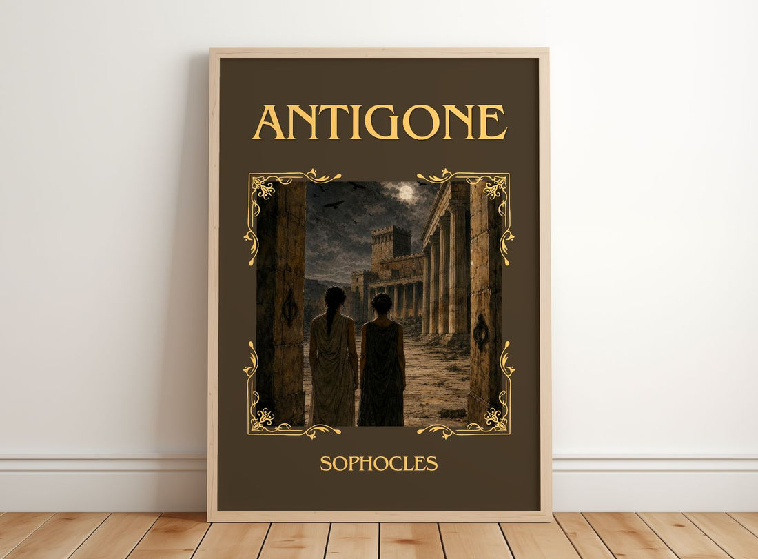 Antigone Classic Book Art Print by Sophocles – framed print leaning on a wooden floor