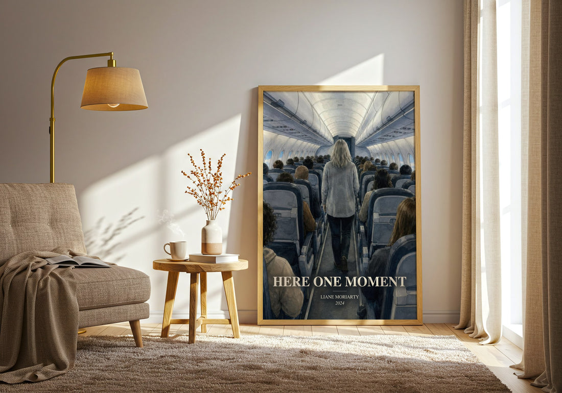 Here One Moment watercolour print in frame leaning in hallway – contemporary fiction wall art (mockup)