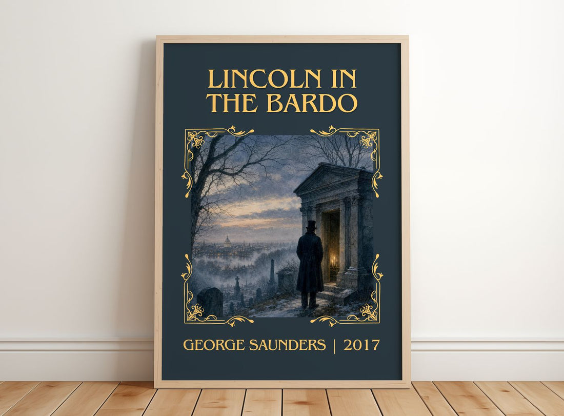 Lincoln in the Bardo Classic Book Art Print by George Saunders – framed print leaning on a wooden floor