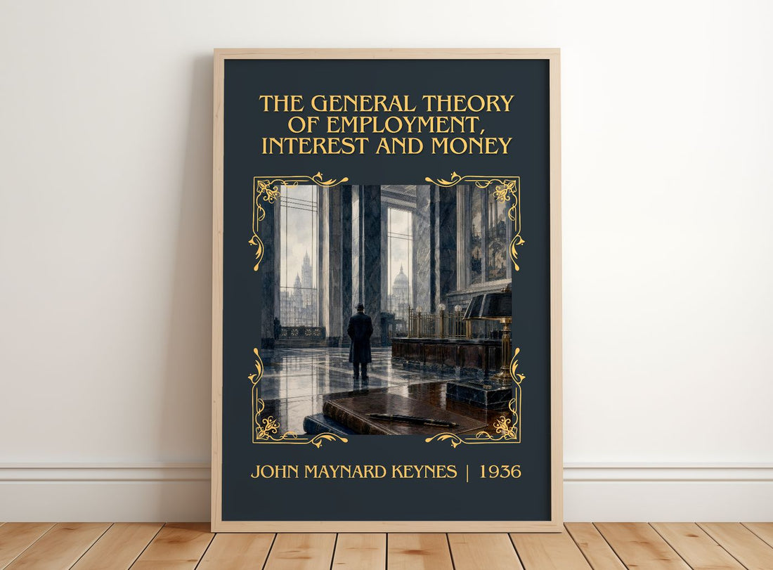 The General Theory of Employment, Interest and Money Classic Book Art Print by John Maynard Keynes – framed print leaning on a wooden floor