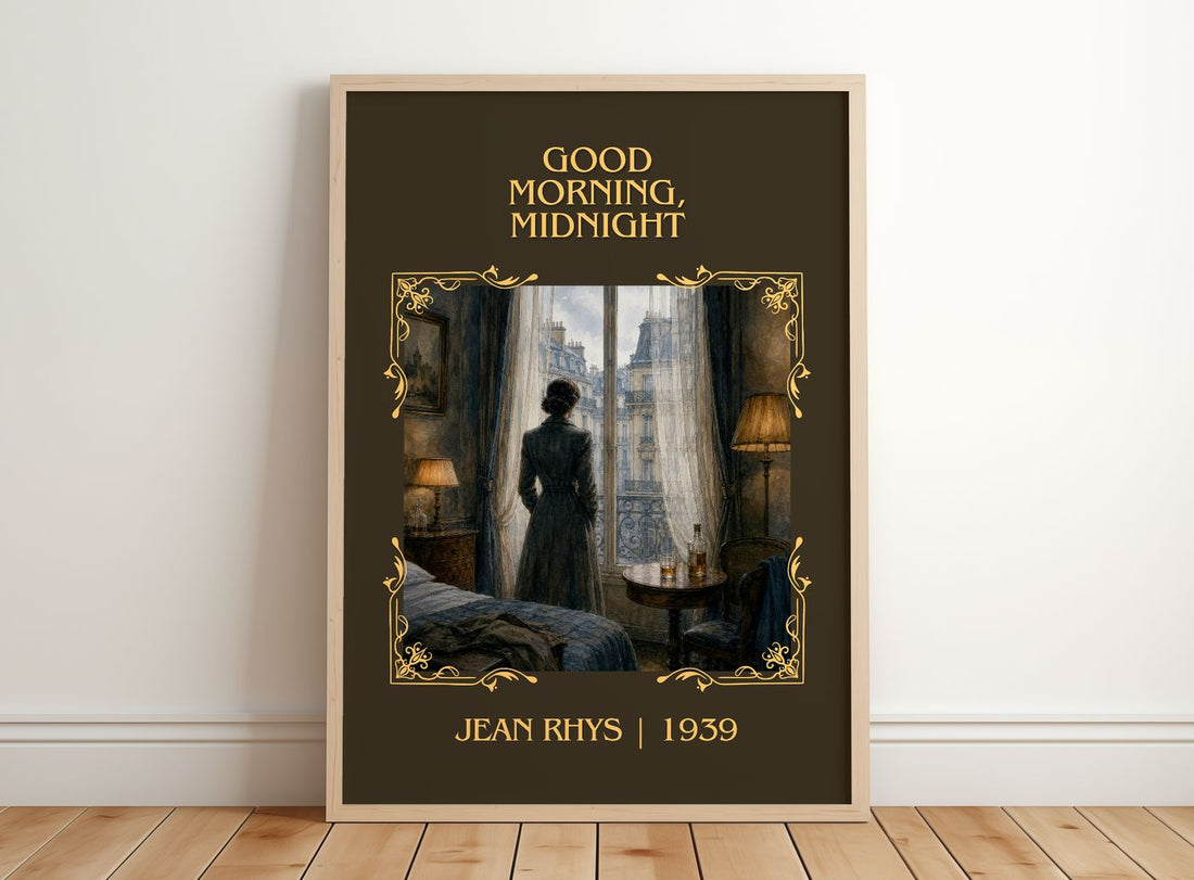 Good Morning, Midnight Classic Book Art Print by Jean Rhys – framed print leaning on a wooden floor