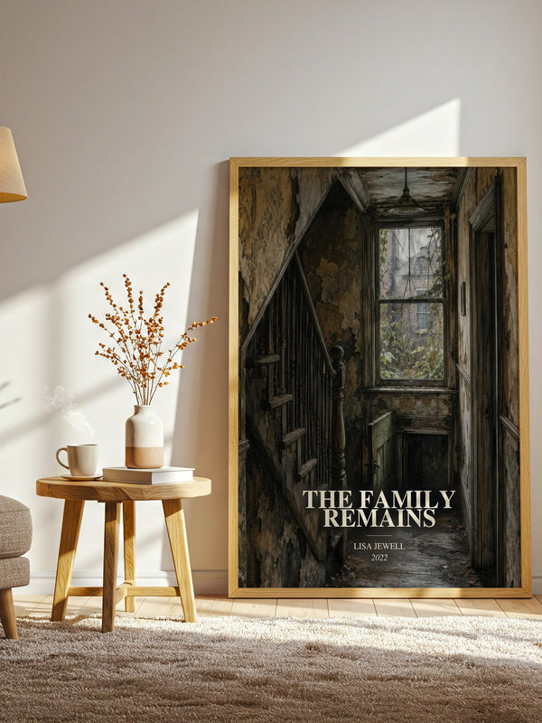 The Family Remains watercolour print in frame leaning in hallway – thriller wall art