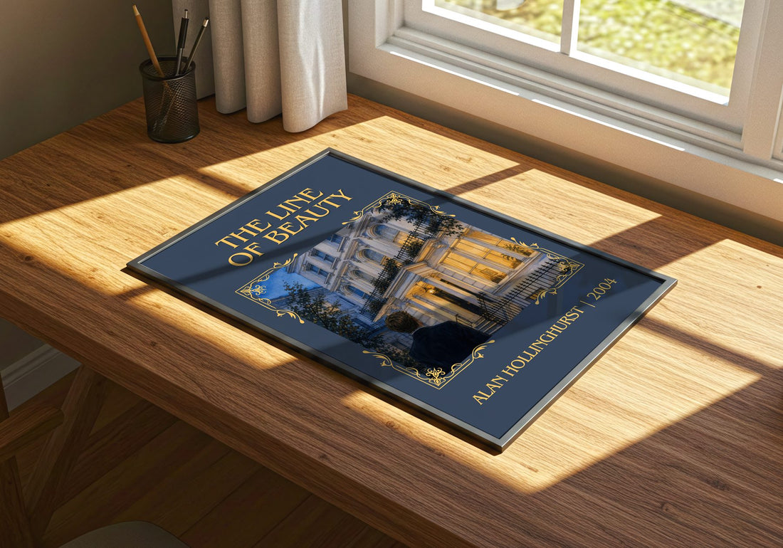 The Line of Beauty Classic Book Art Print by Alan Hollinghurst – print on a sunlit desk