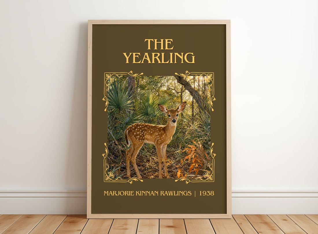 The Yearling Classic Book Art Print by Marjorie Kinnan Rawlings – framed print leaning on a wooden floor